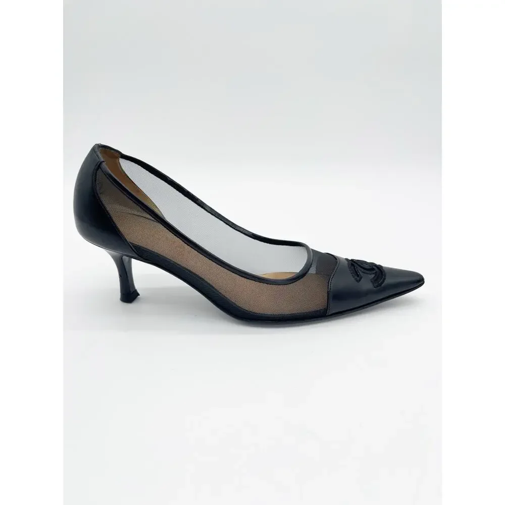 Chanel Vintage Black Mesh Leather CC Cap Toe Pointed Toe Pumps Heels EU 36